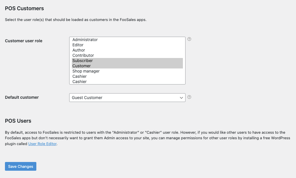 Captura de pantalla de la configuración de clientes de Foosales