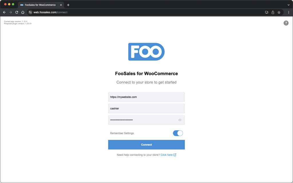 Écran de connexion de la version Web de Foosales