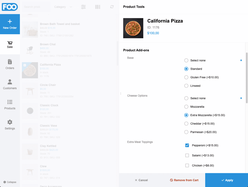 FooSales Product Tools panel showing a pizza using WooCommerce Product Add-ons