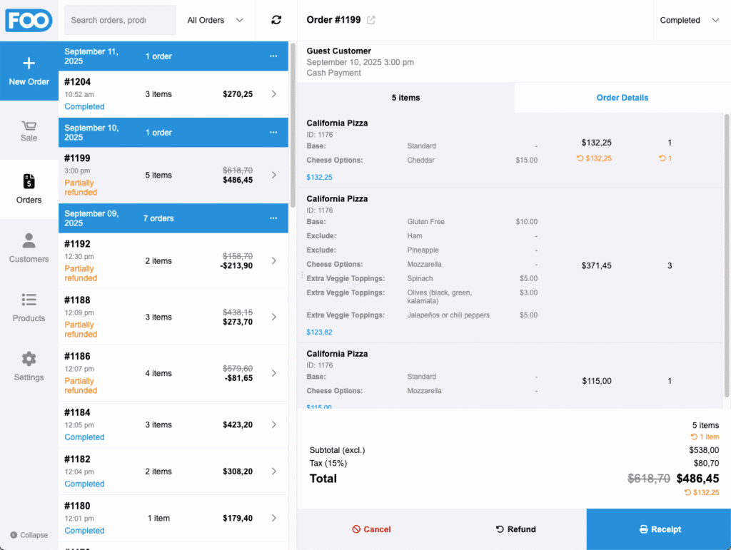 FooSales Order screen showing a food order with add-ons